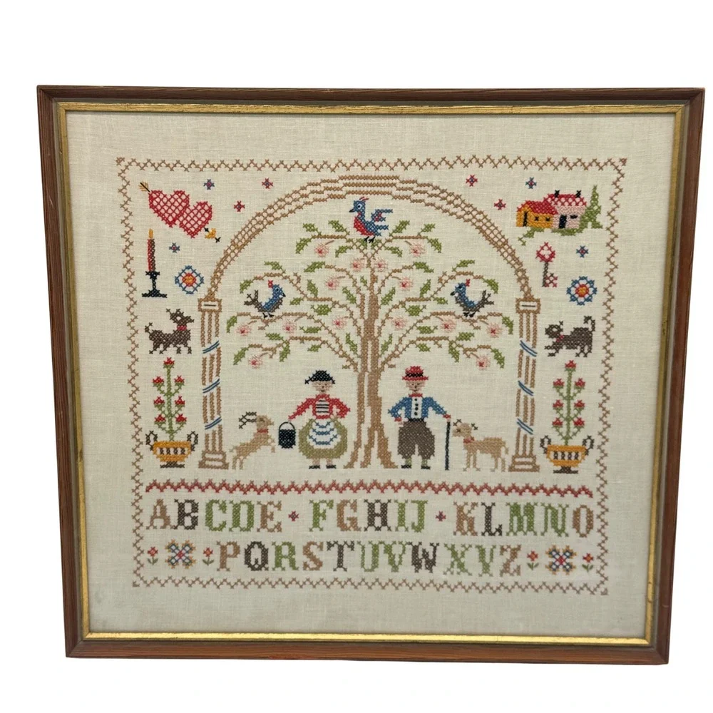 Vintage Framed Cross Stitch Sampler Folk Art Alphabet Tree of Life 20.5